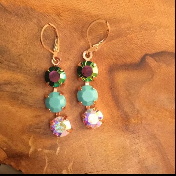 Peacock, turquoise + Aurora Borealis Crystal Drop Earrings - Picture 8 of 8
